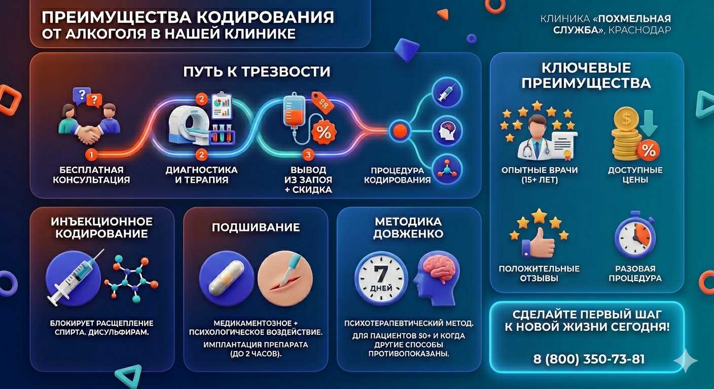 Инфографика о методах кодирования от алкоголя в Севастополе: инъекции, подшивание, метод Довженко. Преимущества клиники и этапы лечения.